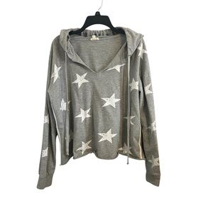 Hem & Thread Gray Distressed Star Hoodie with Side Stripe-Size Large-Ladies